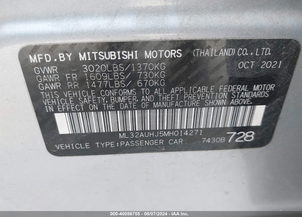 2021 MITSUBISHI MIRAGE CARBONITE EDITION/ES/LE VIN: ML32AUHJ5MH014271