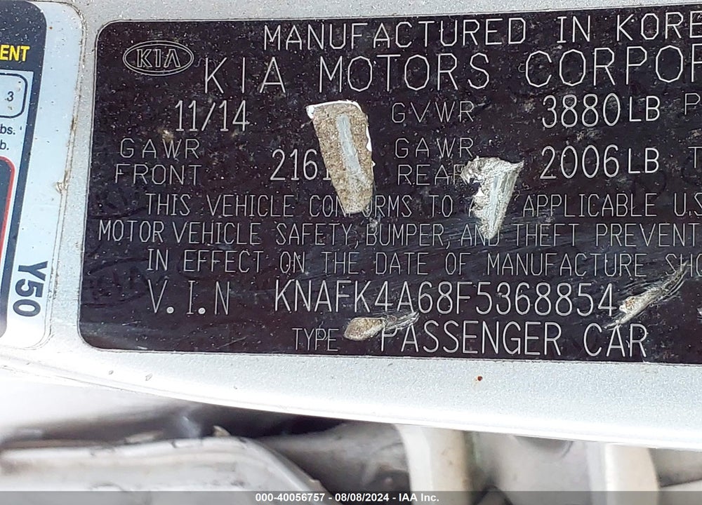 2015 KIA FORTE LX VIN: KNAFK4A68F5368854