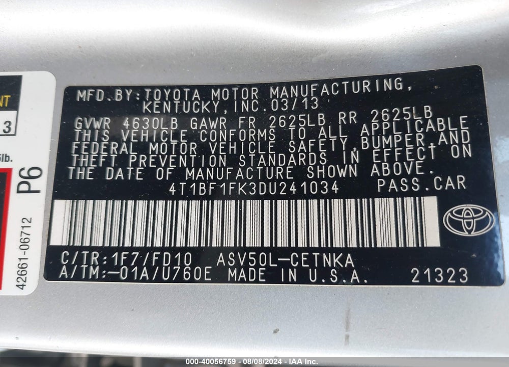 2013 TOYOTA CAMRY LE VIN: 4T1BF1FK3DU241034