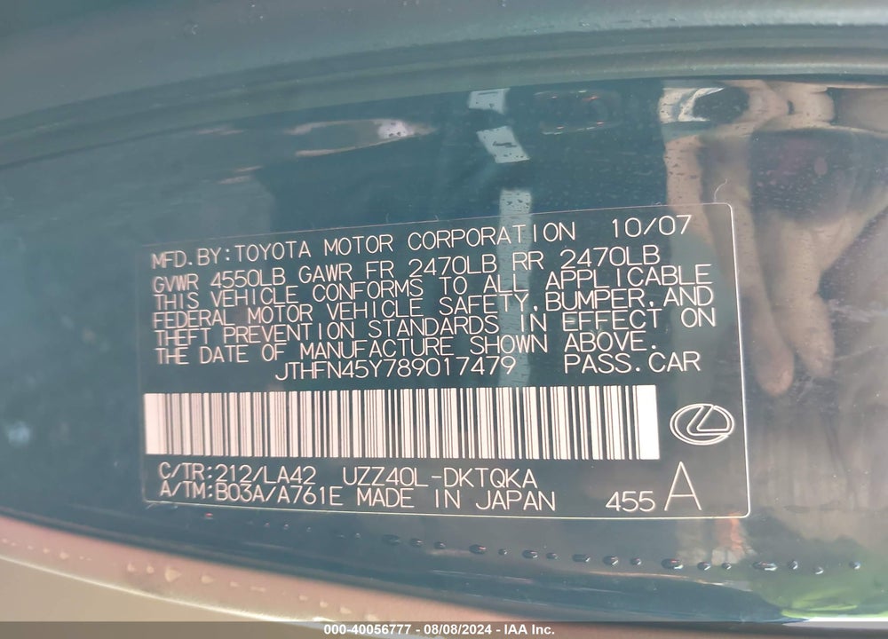 2008 LEXUS SC 430 VIN: JTHFN45Y789017479
