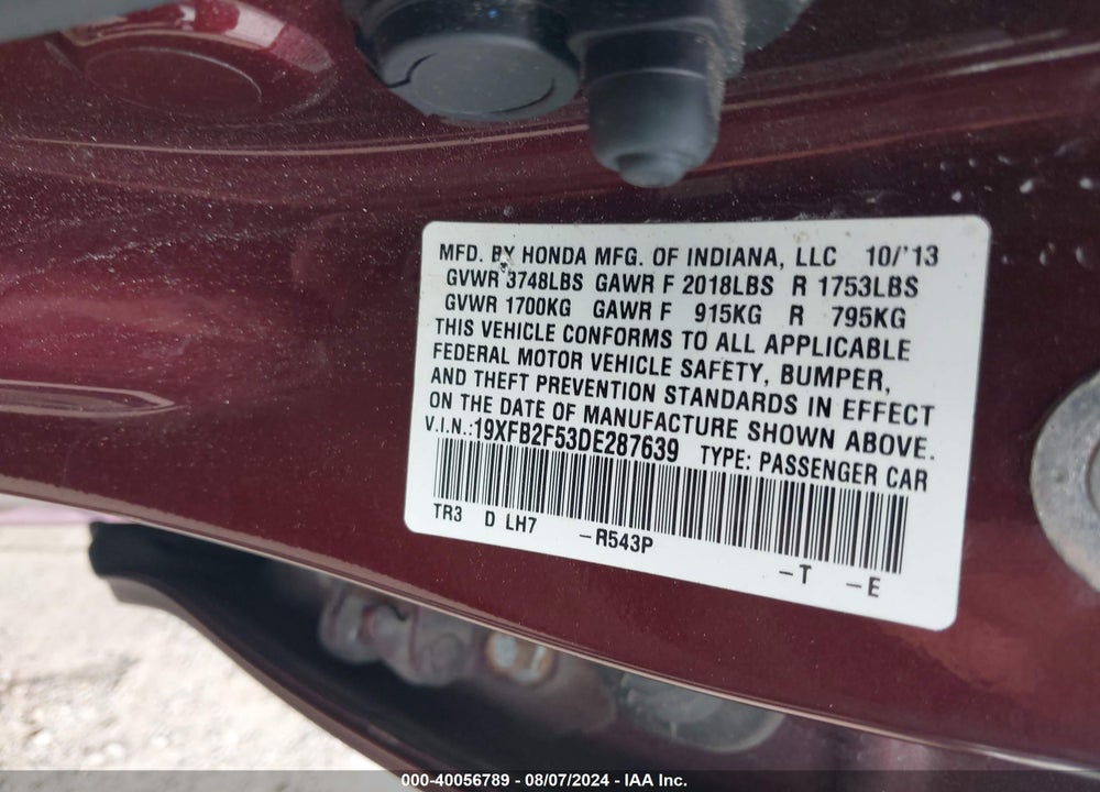 2013 HONDA CIVIC LX VIN: 19XFB2F53DE287639