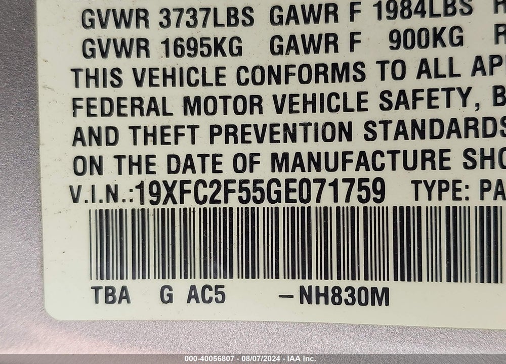 2016 HONDA CIVIC LX VIN: 19XFC2F55GE071759