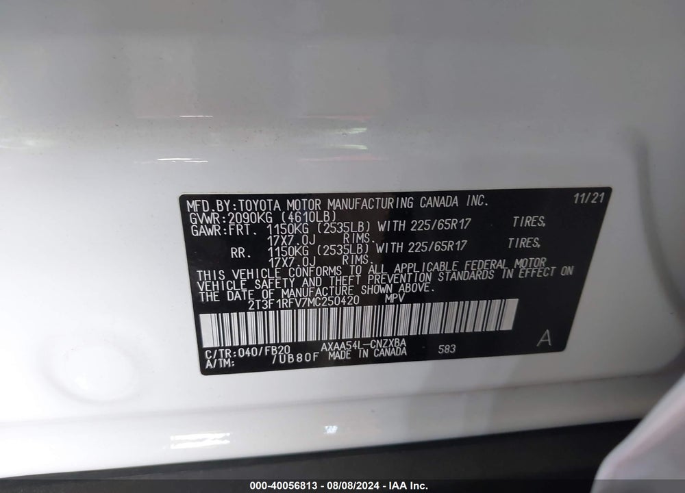 2021 TOYOTA RAV4 LE VIN: 2T3F1RFV7MC250420