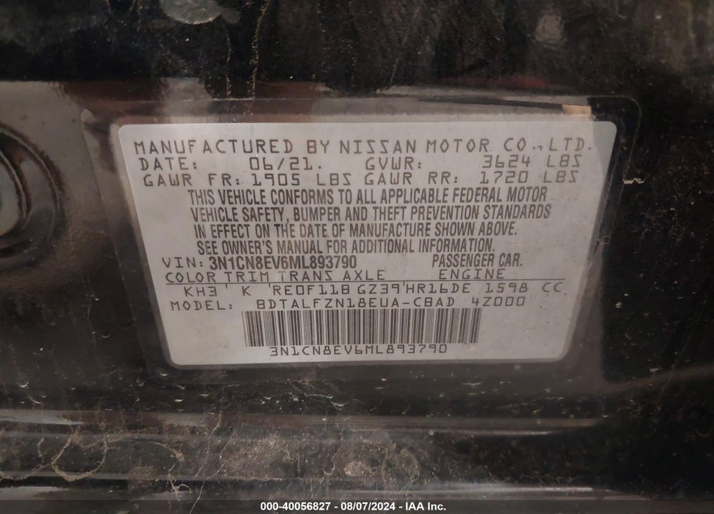 2021 NISSAN VERSA SV XTRONIC CVT VIN: 3N1CN8EV6ML893790
