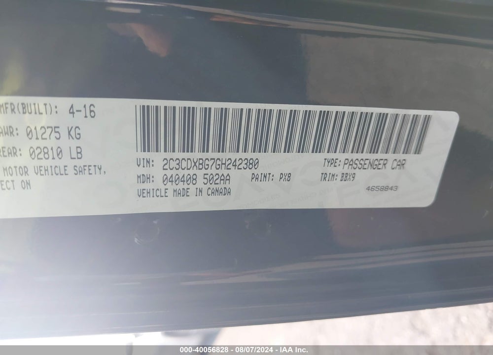2016 DODGE CHARGER SE VIN: 2C3CDXBG7GH242380