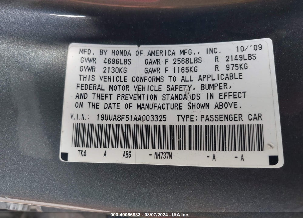 2010 ACURA TL 3.5 VIN: 19UUA8F51AA003325