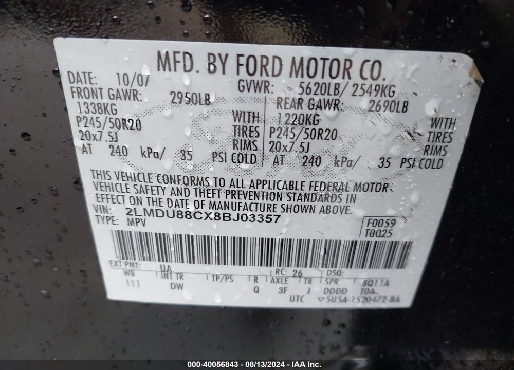 2008 LINCOLN MKX VIN: 2LMDU88CX8BJ03357
