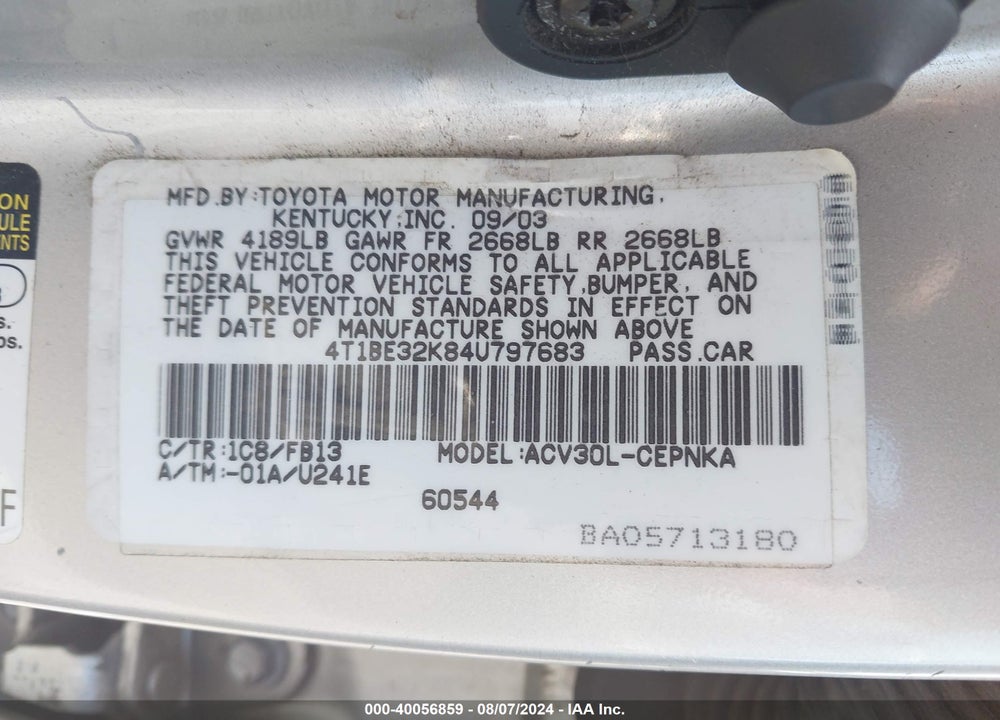 2004 TOYOTA CAMRY LE VIN: 4T1BE32K84U797683
