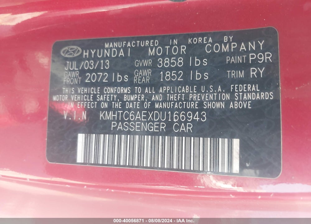 2013 HYUNDAI VELOSTER VIN: KMHTC6AEXDU166943