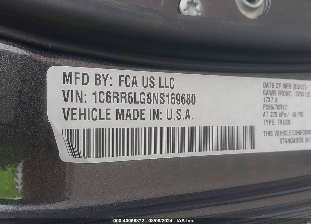 2022 RAM 1500 CLASSIC SLT 4X2 5'7 BOX VIN: 1C6RR6LG8NS169680
