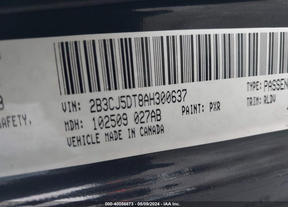 2010 DODGE CHALLENGER R/T VIN: 2B3CJ5DT8AH300637