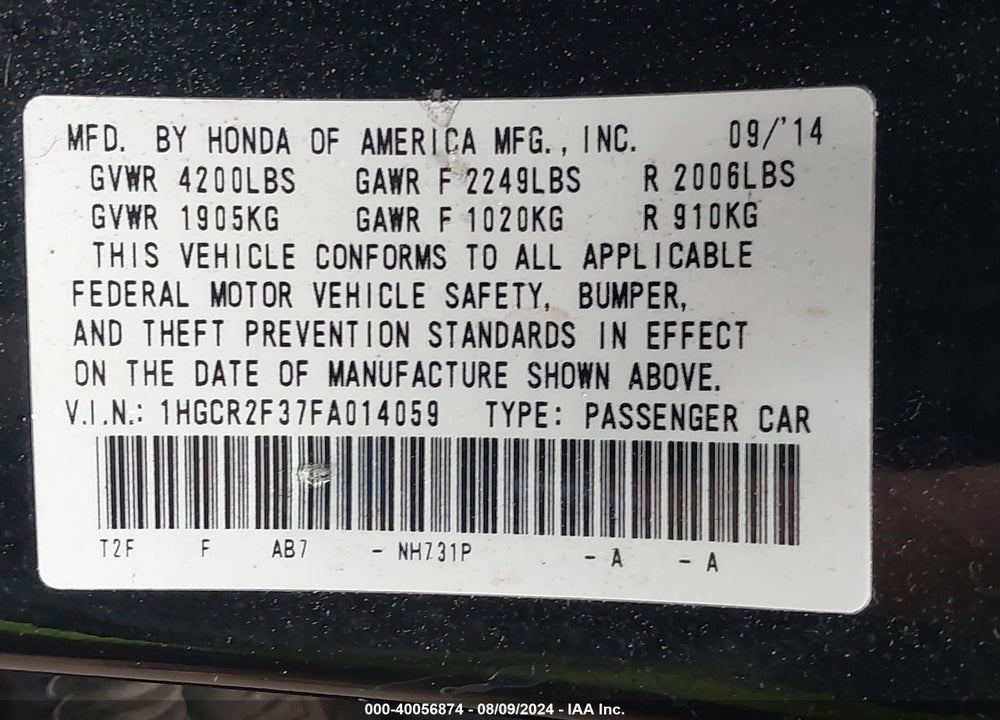 2015 HONDA ACCORD LX VIN: 1HGCR2F37FA014059