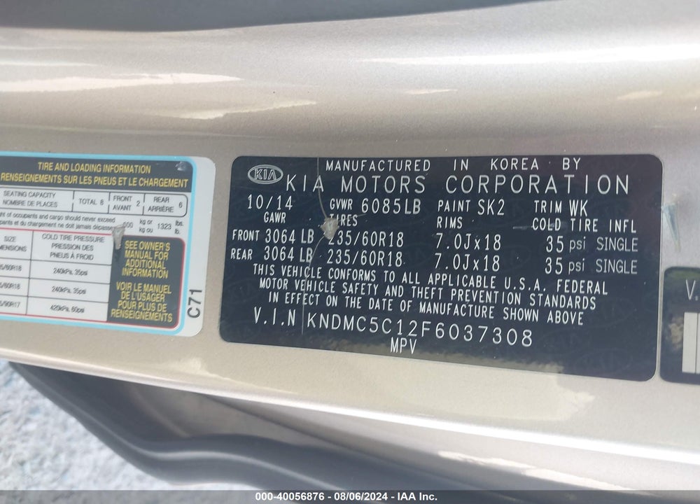 2015 KIA SEDONA SX VIN: KNDMC5C12F6037308