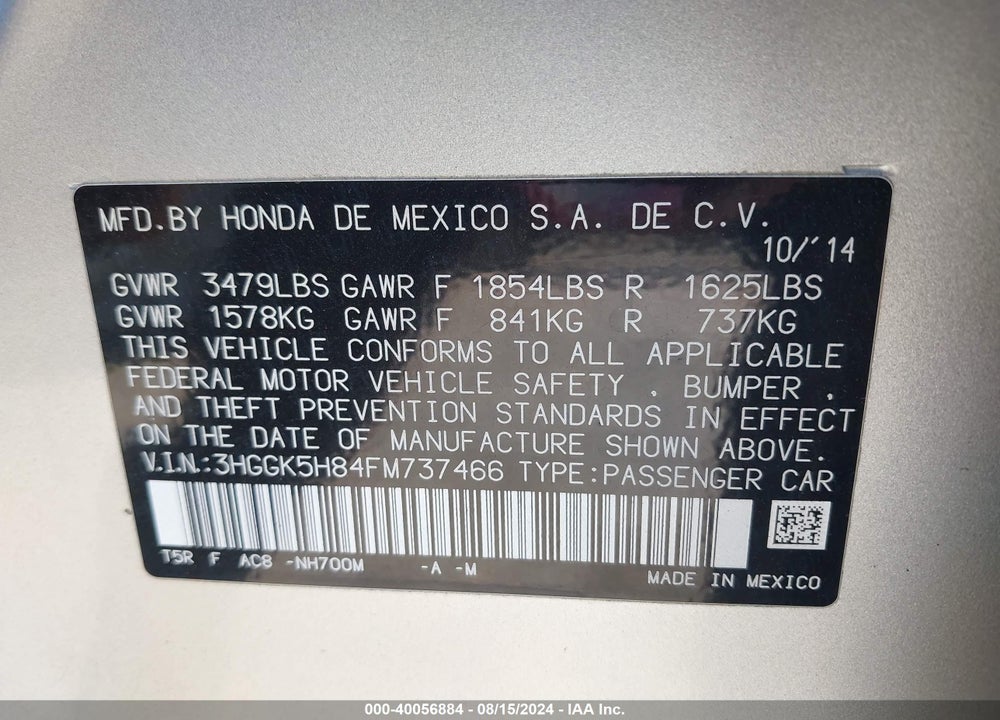 2015 HONDA FIT EX/EX-L VIN: 3HGGK5H84FM737466