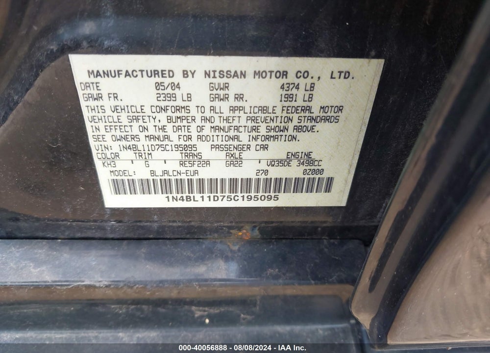 2005 NISSAN ALTIMA 3.5 SE VIN: 1N4BL11D75C195095