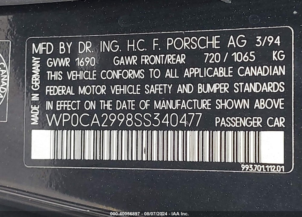 1995 PORSCHE 911 CARRERA 2/CARRERA 4 VIN: WPOCA2998SS340477