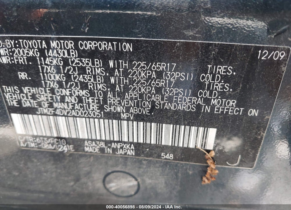 2010 TOYOTA RAV4 VIN: JTMZF4DV2AD023051