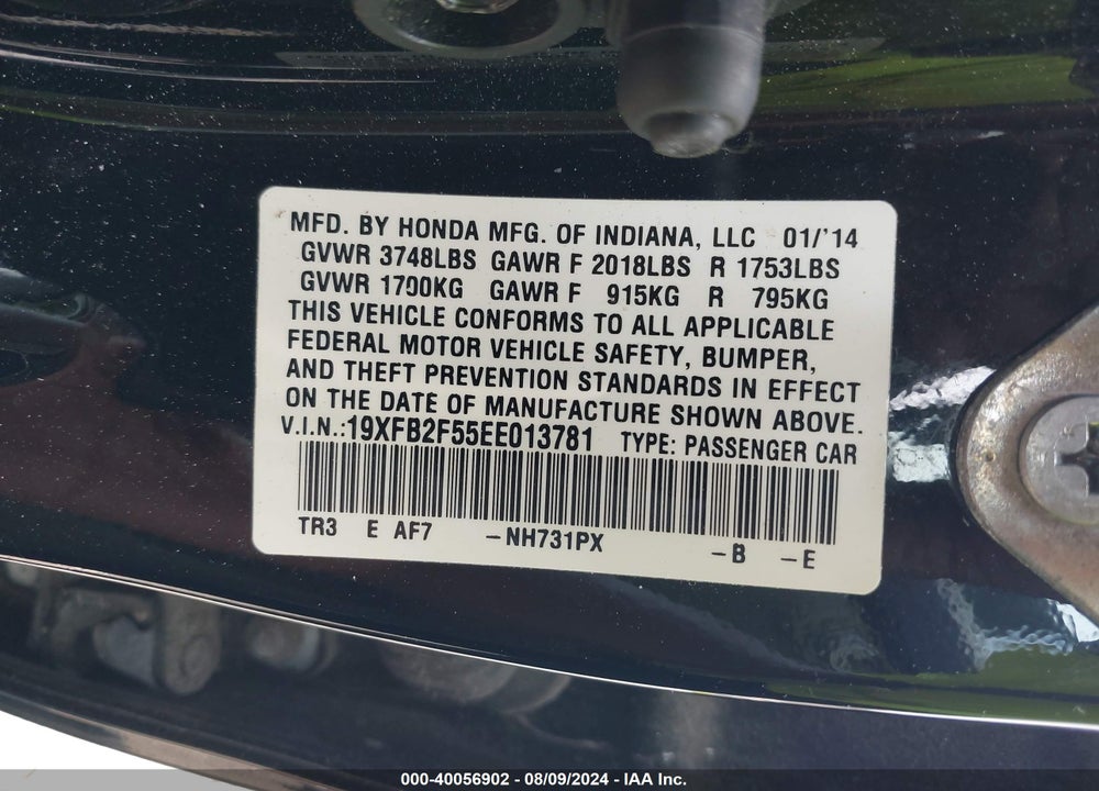 2014 HONDA CIVIC LX VIN: 19XFB2F55EE013781