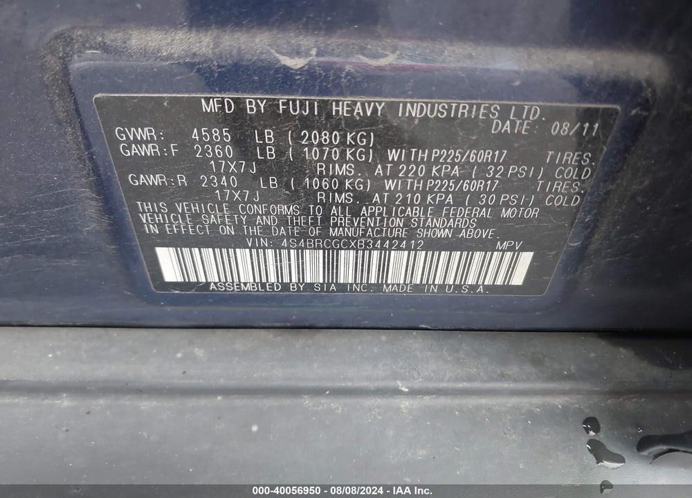 2011 SUBARU OUTBACK 2.5I PREMIUM VIN: 4S4BRCGCXB3442412