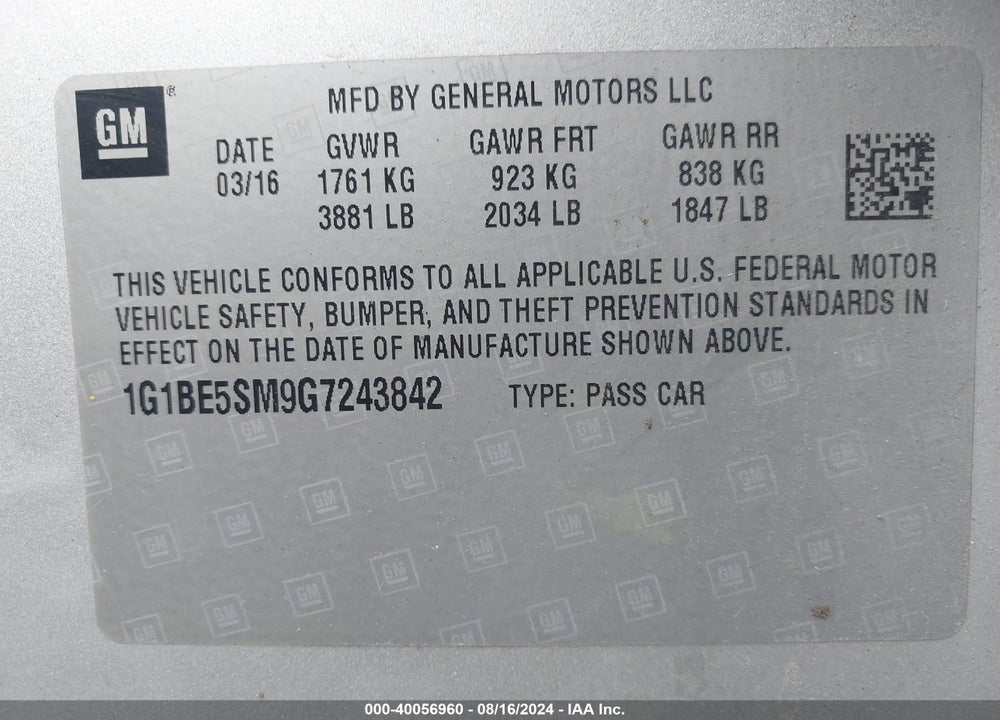 2016 CHEVROLET CRUZE LT AUTO VIN: 1G1BE5SM9G7243842