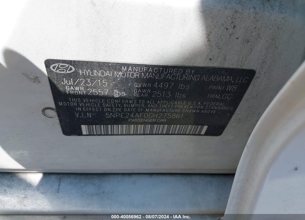2016 HYUNDAI SONATA SE VIN: 5NPE24AF0GH275861