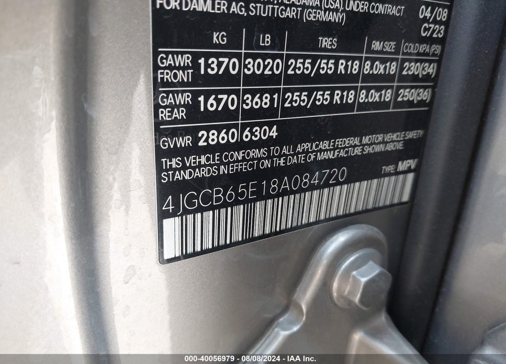 2008 MERCEDES-BENZ R 350 4MATIC VIN: 4JGCB65E18A084720
