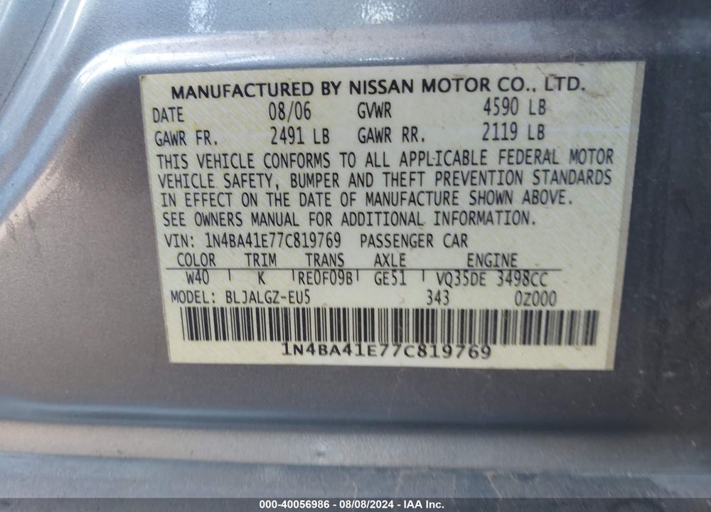 2007 NISSAN MAXIMA 3.5 SL VIN: 1N4BA41E77C819769