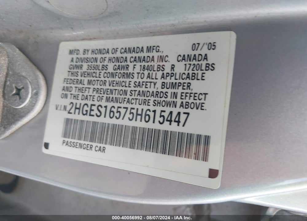 2005 HONDA CIVIC VIN: 2HGES16575H615447