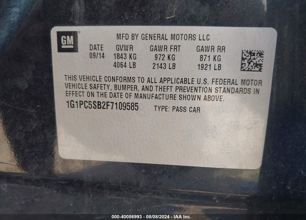 2015 CHEVROLET CRUZE VIN: 1G1PC5SB2F7109585