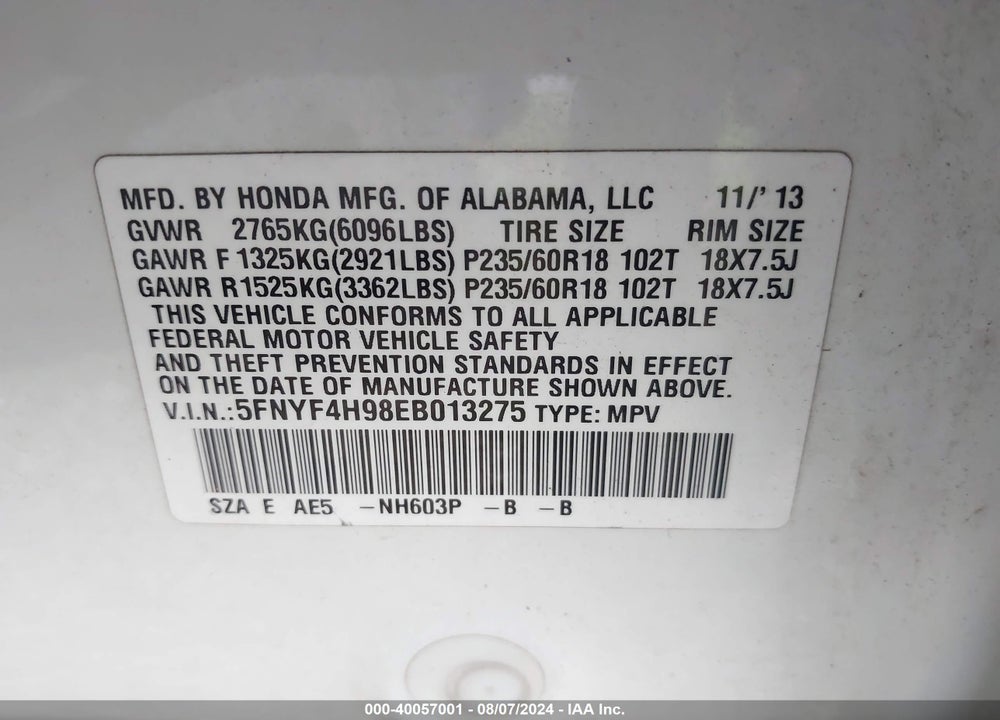 2014 HONDA PILOT TOURING VIN: 5FNYF4H98EB013275