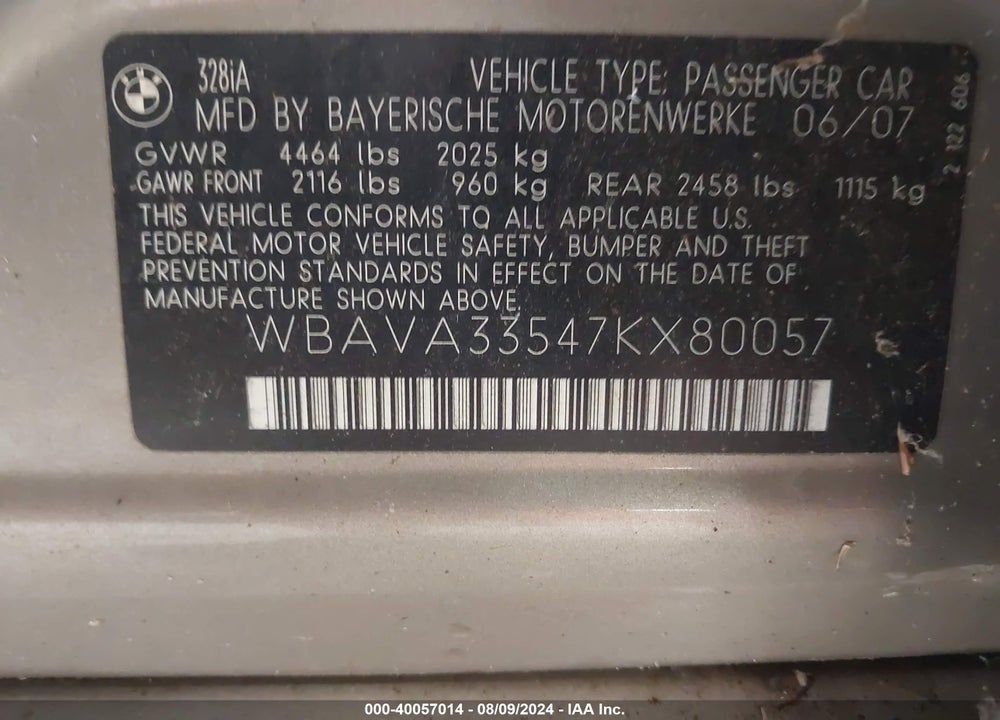 2007 BMW 328I VIN: WBAVA33547KX80057