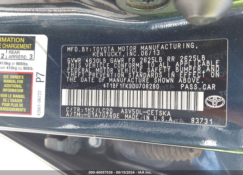 2013 TOYOTA CAMRY SE VIN: 4T1BF1FK9DU708280
