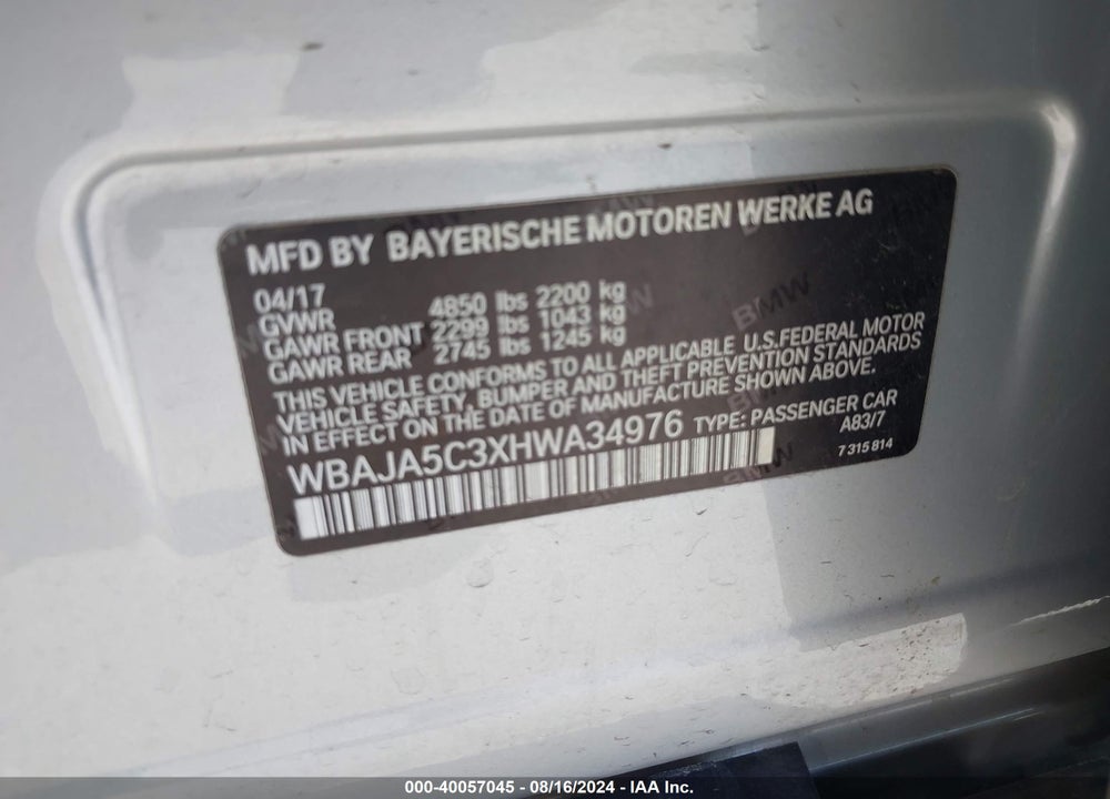 2017 BMW 530I VIN: WBAJA5C3XHWA34976