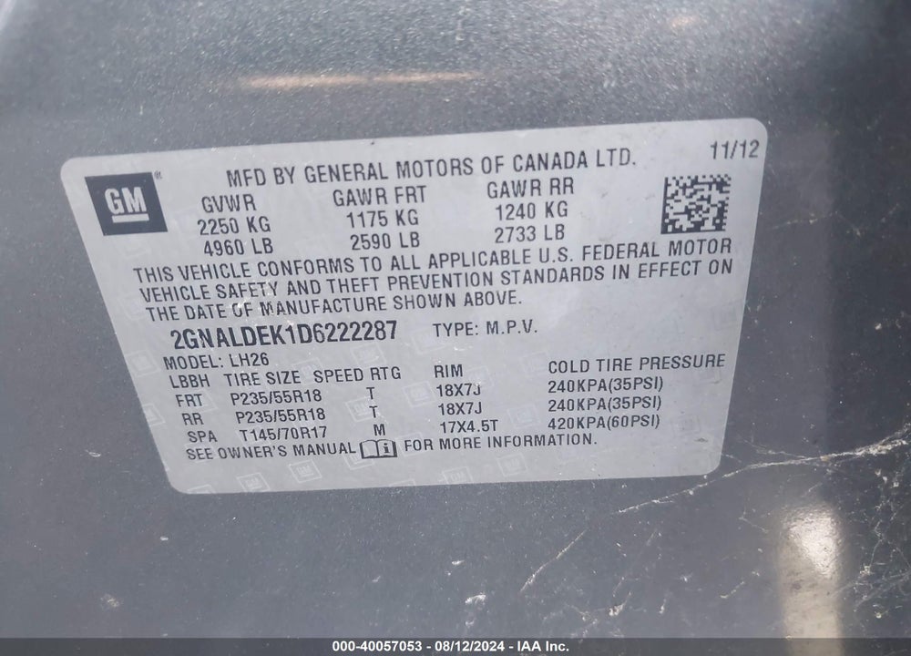 2013 CHEVROLET EQUINOX 1LT VIN: 2GNALDEK1D6222287