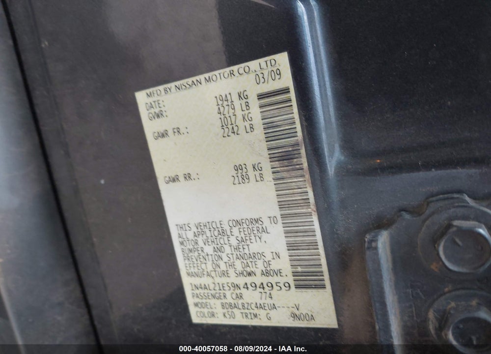 2009 NISSAN ALTIMA 2.5 S VIN: 1N4AL21E59N494959