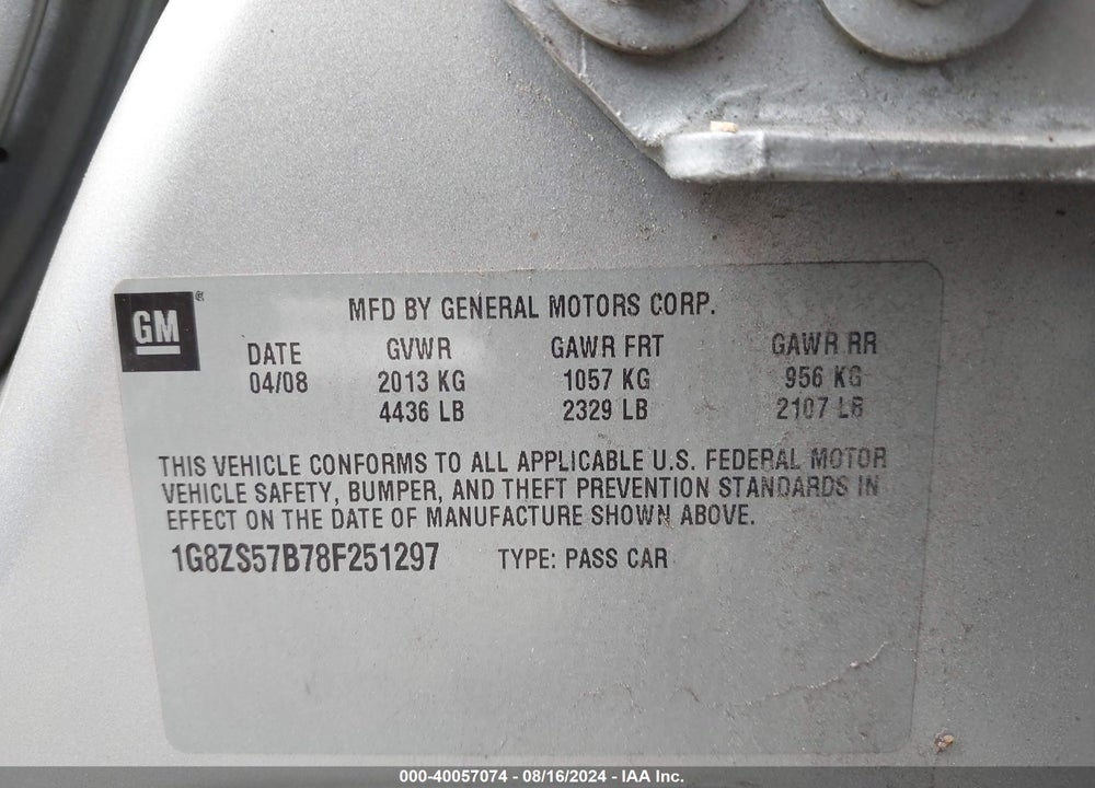 2008 SATURN AURA XE VIN: 1G8ZS57B78F251297