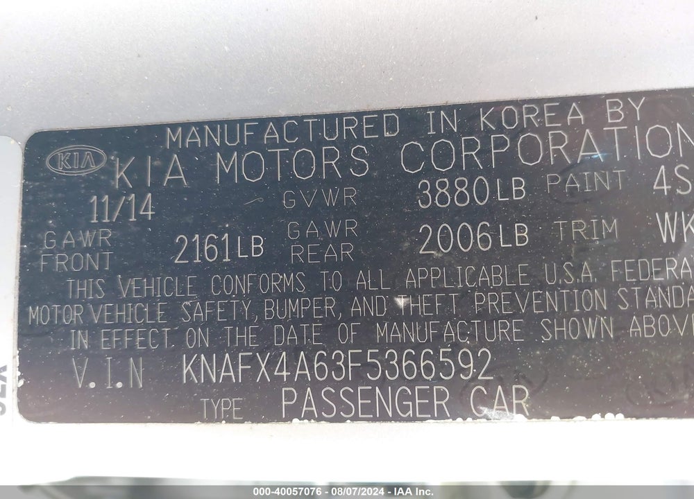 2015 KIA FORTE LX VIN: KNAFX4A63F5366592