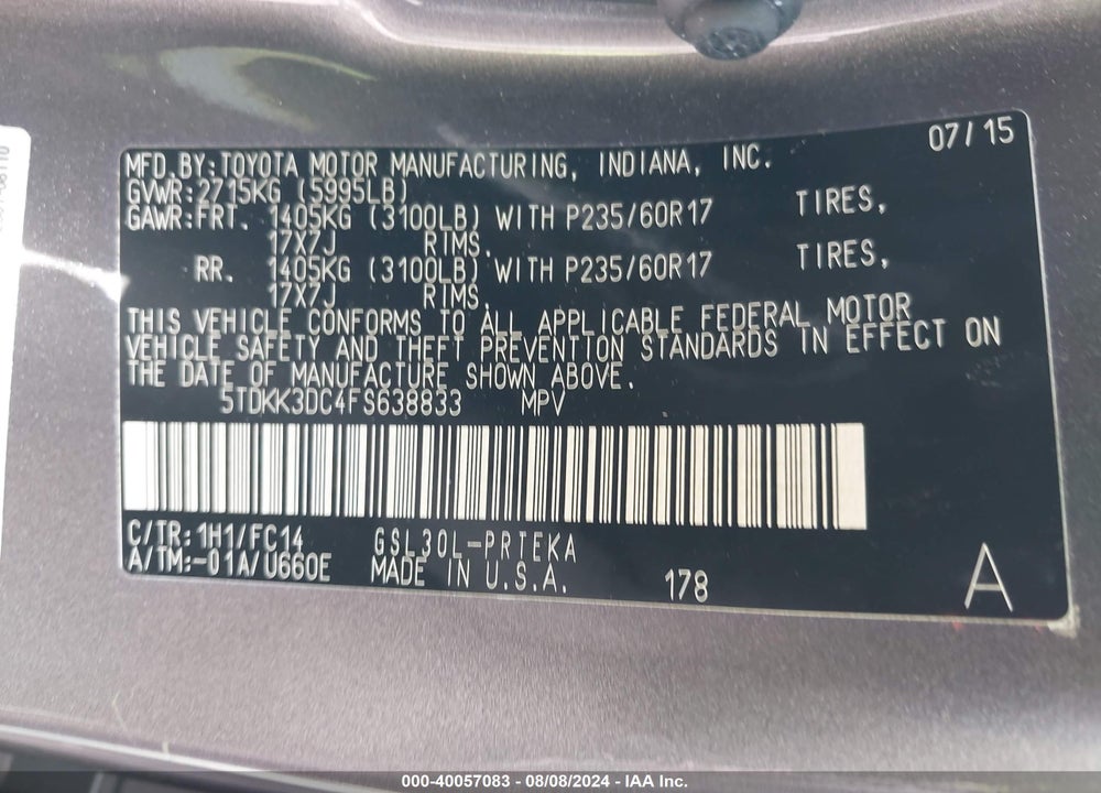 2015 TOYOTA SIENNA LE 8 PASSENGER VIN: 5TDKK3DC4FS638833