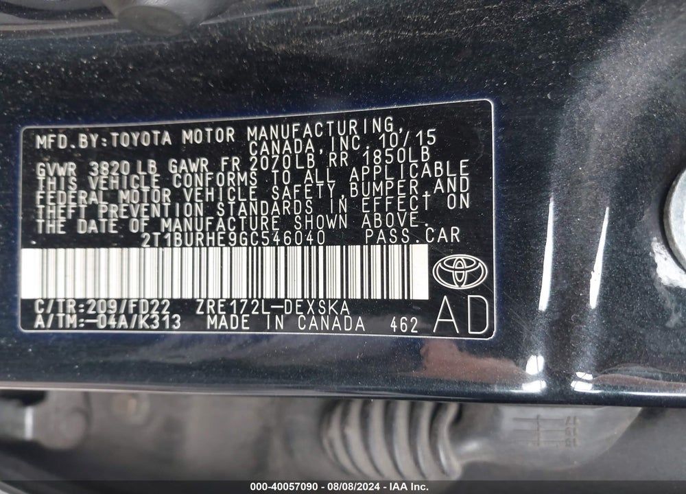 2016 TOYOTA COROLLA S PLUS VIN: 2T1BURHE9GC546040