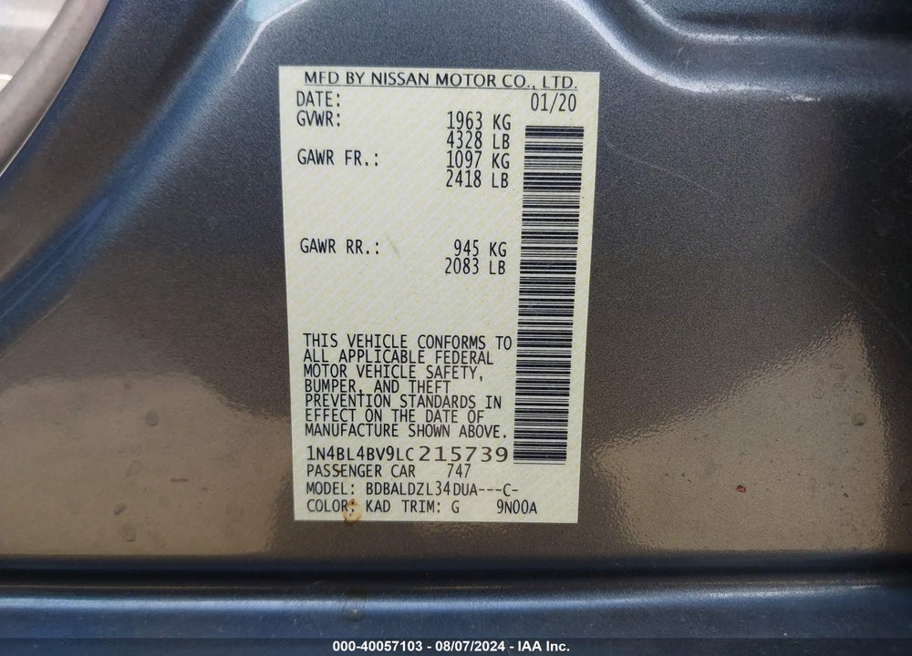 2020 NISSAN ALTIMA S FWD VIN: 1N4BL4BV9LC215739