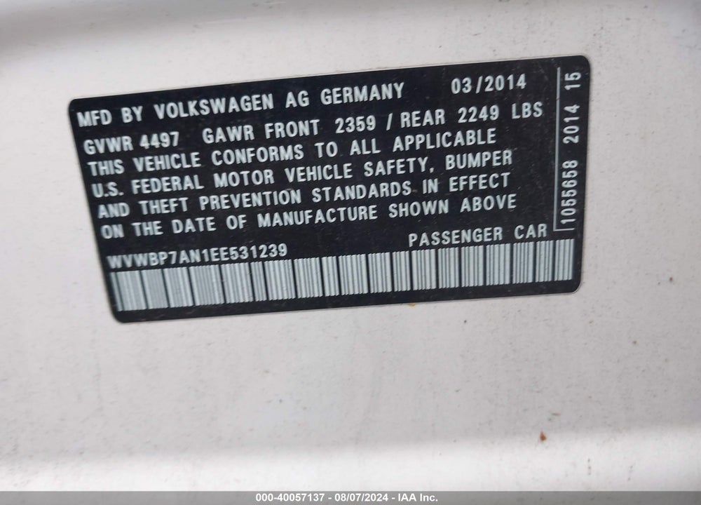 2014 VOLKSWAGEN CC VIN: WVWBP7AN1EE531239