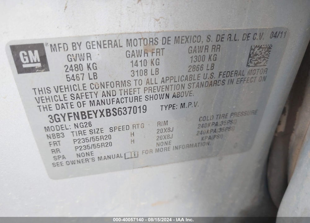 2011 CADILLAC SRX PERFORMANCE COLLECTION VIN: 3GYFNBEYXBS637019