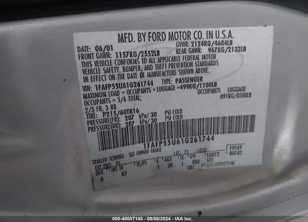 2001 FORD TAURUS SES VIN: 1FAFP55U61G261744