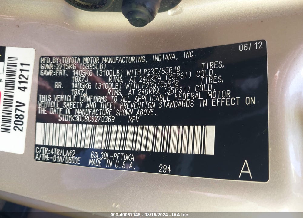 2012 TOYOTA SIENNA LIMITED V6 7 PASSENGER VIN: 5TDYK3DC8CS270369