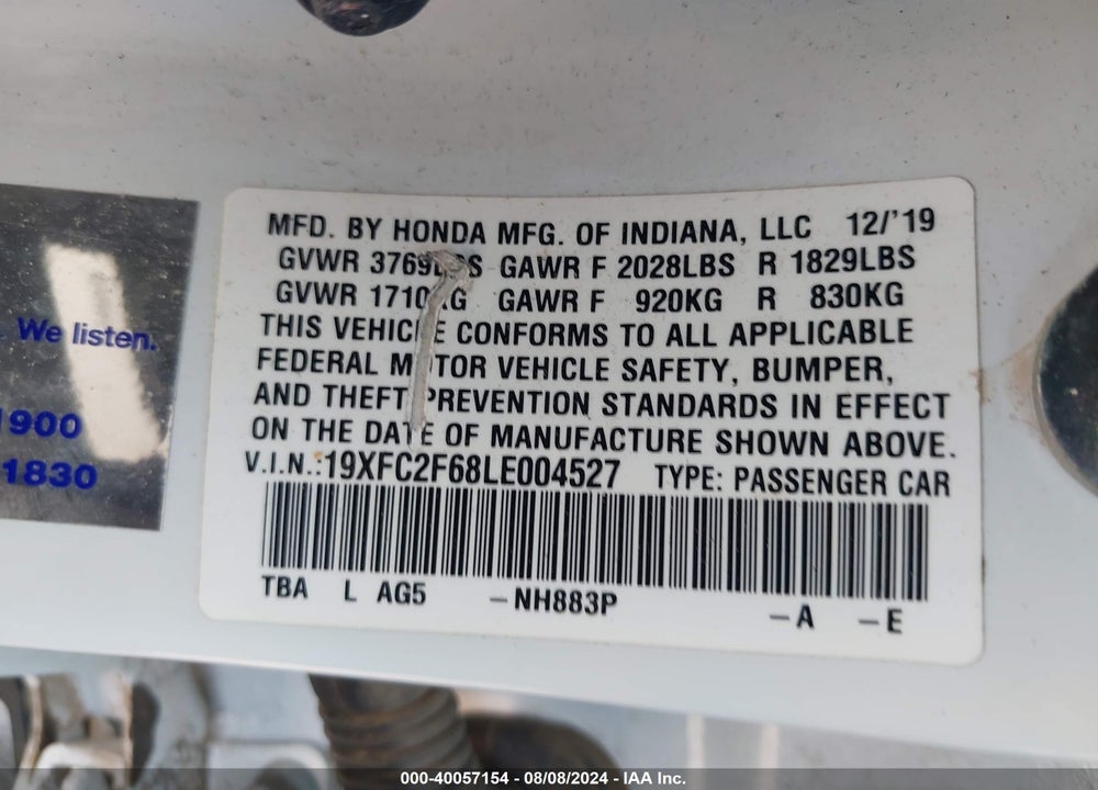 2020 HONDA CIVIC LX VIN: 19XFC2F68LE004527