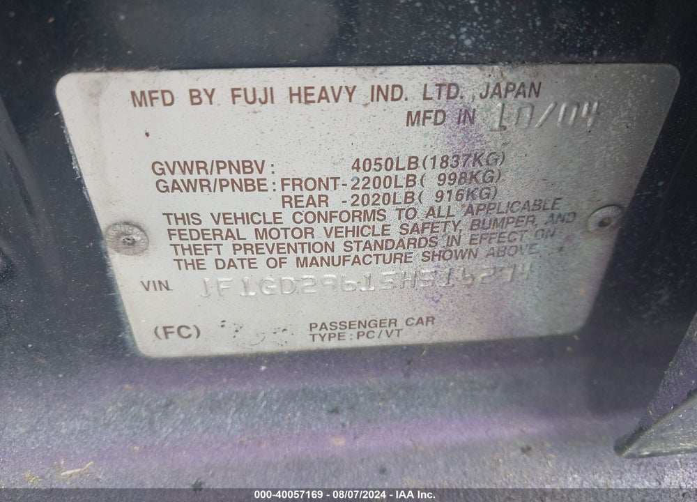 2005 SUBARU IMPREZA WRX VIN: JF1GD29615H516274