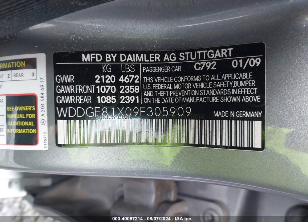2009 MERCEDES-BENZ C 300 LUXURY 4MATIC/SPORT 4MATIC VIN: WDDGF81X09F305909