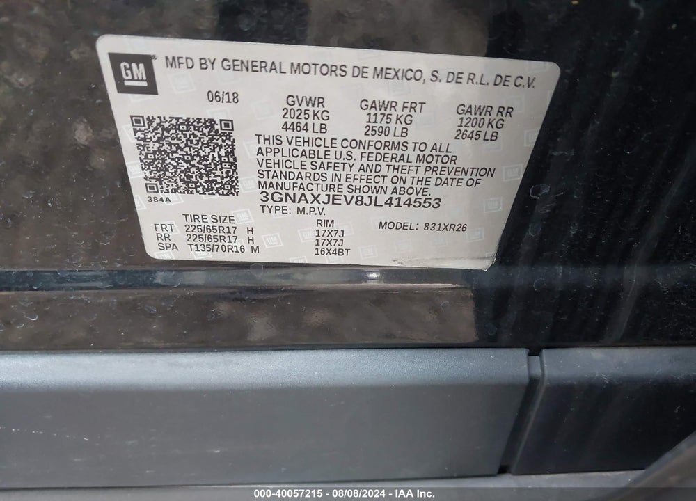 2018 CHEVROLET EQUINOX LT VIN: 3GNAXJEV8JL414553