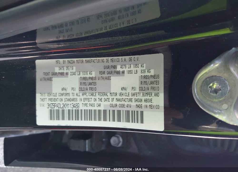 2019 MAZDA 3 PREFERRED PACKAGE VIN: 3MZBPADL2KM113489