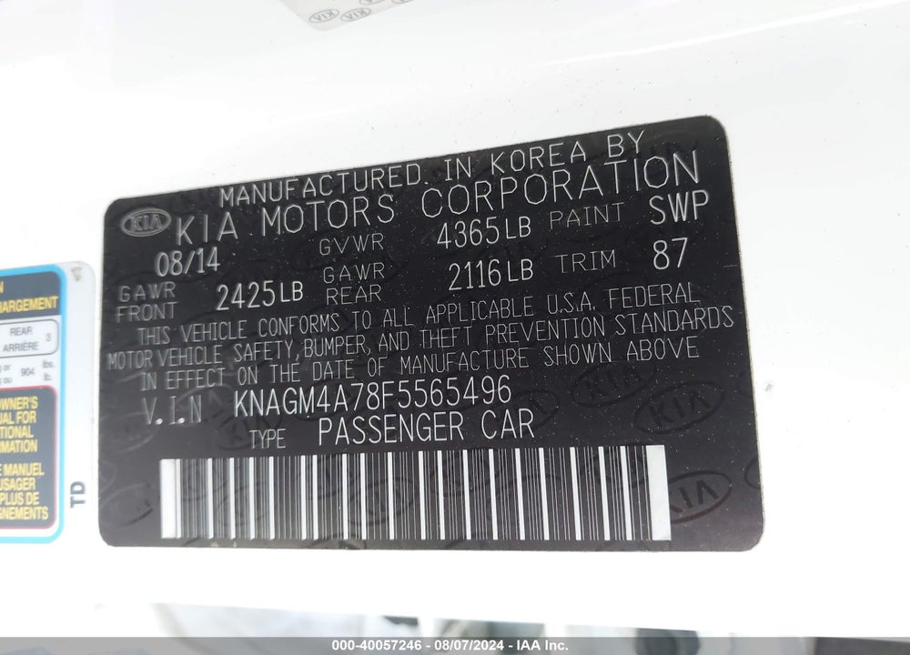 2015 KIA OPTIMA LX VIN: KNAGM4A78F5565496